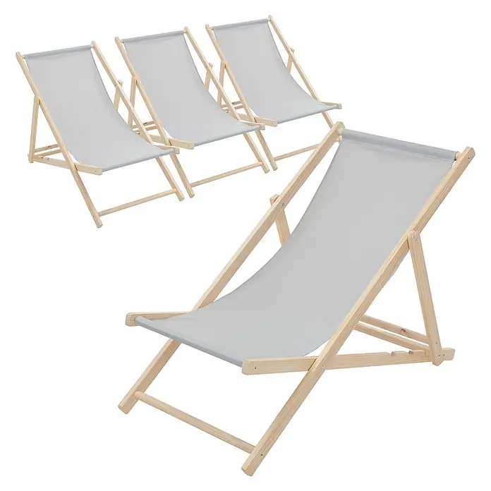 ECD Germany Garten-Liegestuhl 4er Set Sonnenliege Hellgrau Klappliegestuhl Relaxliege - Holz, Polyester, Hellgrau, Braun - Vier hellgraue Stoff-Liegestühle mit Naturholzrahmen, einsatzbereit.