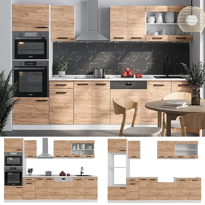 Vicco Küchenzeile R-Line Goldkraft Eiche/Weiß AP Eiche - Goldkraft Eiche, Ohne Elektrogeräte - Moderne Küche mit hellen Holzmaserungsschränken, dunklen Griffen und integrierten Geräten in einer Wohnumgebung.