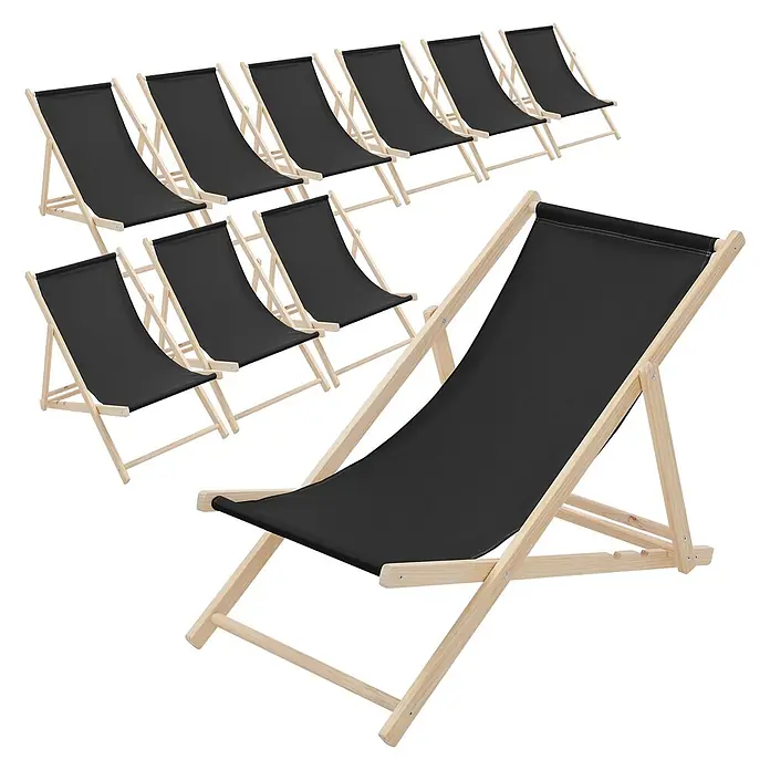 ECD Germany Garten-Liegestuhl 10er Set Sonnenliege Schwarz Klappliegestuhl Relaxliege - Holz, Polyester, Schwarz, Braun - Satz schwarzer Stoff-Liegestühle mit hellen Holzrahmen, in Reihen angeordnet.