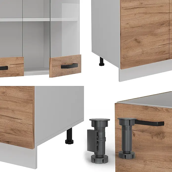 Vicco Küchenzeile R-Line Goldkraft Eiche/Weiß AP Eiche - Goldkraft Eiche, Ohne Elektrogeräte - Modulschrank mit hellen Holzfronten, Glastüren, schwarzen Griffen und verstellbaren Füßen.