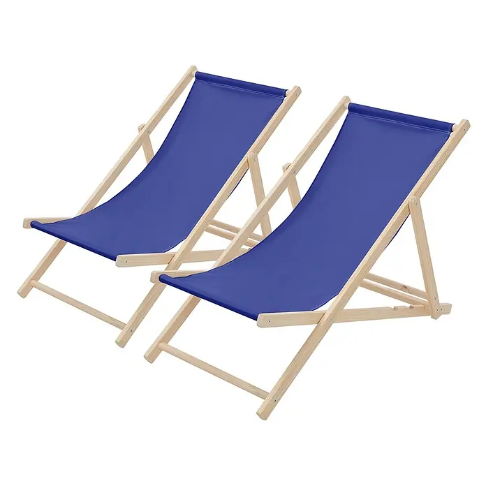 ECD Germany Garten-Liegestuhl 2er Set Sonnenliege Dunkelblau Klappliegestuhl Relaxliege - 2 Stk., Holz, Polyester, Dunkelblau, Braun - Zwei blaue Stoff-Liegestühle mit hellen Holzrahmen.