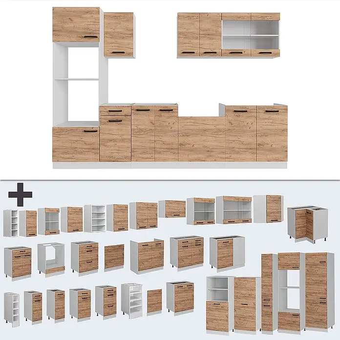 Vicco Küchenzeile R-Line Goldkraft Eiche/Weiß AP Eiche - Goldkraft Eiche, Ohne Elektrogeräte - Modulares Küchenschrank-Set mit hellen Holzoptik-Fronten und weißen Rahmen für anpassbaren Stauraum.