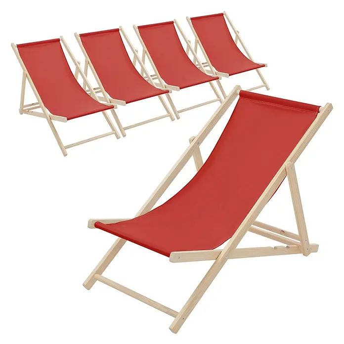 ECD Germany Garten-Liegestuhl 5er Set Sonnenliege Rot Klappliegestuhl Relaxliege - Holz, Polyester, Rot, Braun - Rote Stoff-Liegestühle mit hellen Holzrahmen.