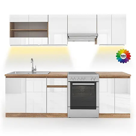 Vicco  Küchenzeile Raul Weiß Hochglanz/Weiß, AP Sonoma mit LED-Leisten