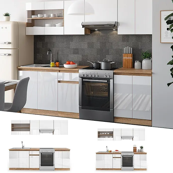 Vicco Küchenzeile Raul Weiß Hochglanz/Weiß, AP Sonoma - Weiß Hochglanz, Ohne Elektrogeräte - Moderne Küchenzeile mit hochglänzenden weißen Schränken, Holzplatte, integriertem Backofen, Spüle und Dunstabzugshaube.