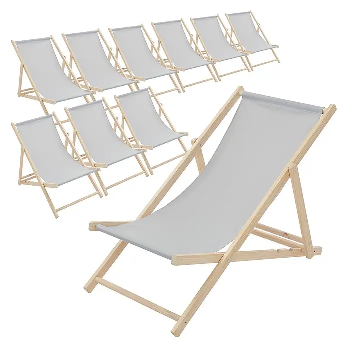 ECD Germany Garten-Liegestuhl 10er Set Sonnenliege Hellgrau Klappliegestuhl Relaxliege - Holz, Polyester, Hellgrau, Braun - Mehrere Liegestühle aus hellem Holz mit grauen Stoffbezügen.