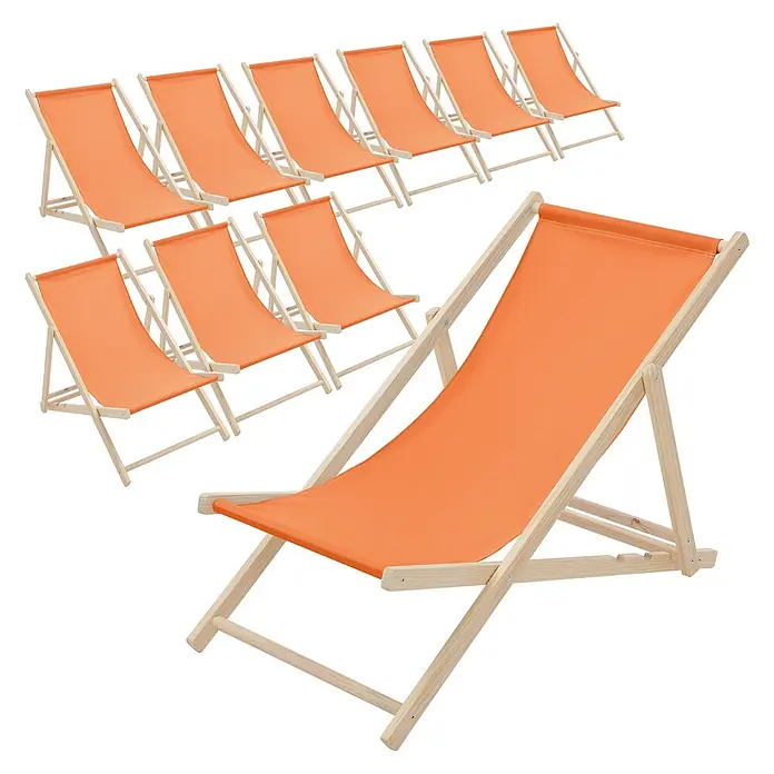 ECD Germany Garten-Liegestuhl 10er Set Sonnenliege Orange Klappliegestuhl Relaxliege - Holz, Polyester, Orange, Braun - Mehrere orangefarbene Stoff-Liegestühle mit hellen Holzrahmen.
