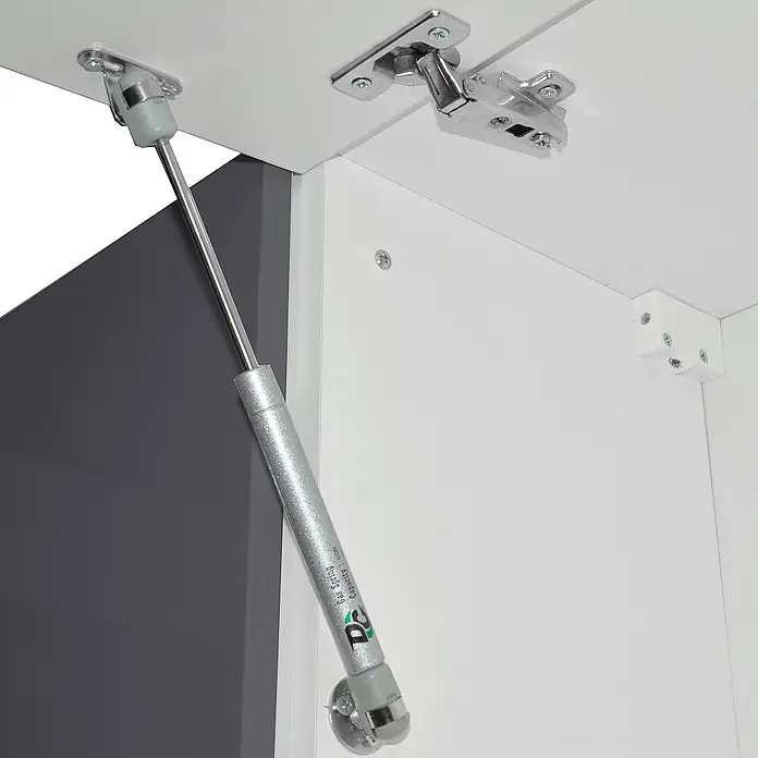 Vicco Küchenzeile Raul Anthrazit Hochglanz/Weiß, AP Marmor - Anthrazit Hochglanz, Ohne Elektrogeräte - Silberne Gasdruckfeder und Metallscharniere für einen Schrank, die eine offene Tür stützen.