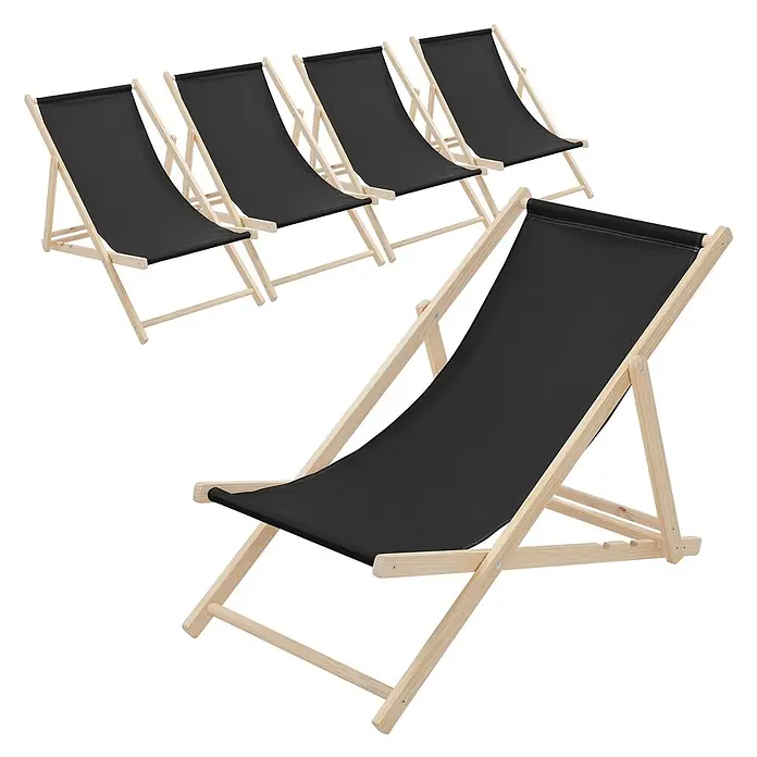 ECD Germany Garten-Liegestuhl 5er Set Sonnenliege Schwarz Klappliegestuhl Relaxliege - Holz, Polyester, Schwarz, Braun - Fünf Liegestühle aus schwarzem Stoff und hellem Holz.
