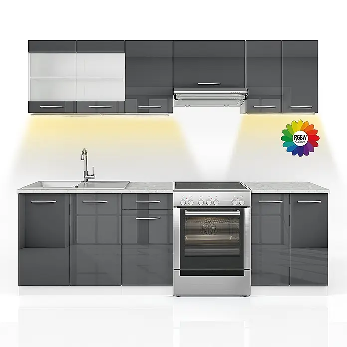 Vicco Küchenzeile Raul Anthrazit Hochglanz/Weiß, AP Marmor mit LED-Leisten - Anthrazit Hochglanz, Ohne Elektrogeräte - Glänzende dunkelgraue Küchenzeile mit weißen Arbeitsplatten, Spüle, Backofen und Hängeschränken. Unterbauleuchten sichtbar.