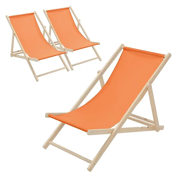 ECD Germany Garten-Liegestuhl 3er Set Sonnenliege Orange Klappliegestuhl Relaxliege - 3 Stk., Holz, Polyester, Orange, Braun - Drei orangefarbene Liegestühle mit hellen Holzrahmen, zwei zusammengeklappt, einer offen.