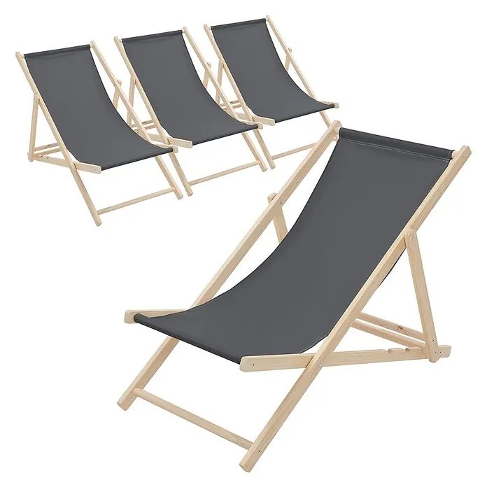 ECD Germany Garten-Liegestuhl 4er Set Sonnenliege Anthrazit Klappliegestuhl Relaxliege - Holz, Polyester, Anthrazit, Braun - Klappbare Liegestühle mit dunkelgrauem Stoff und hellem Holzrahmen.