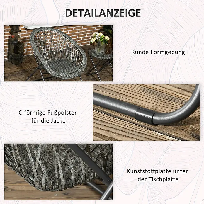 Outsunny Gartenstuhl-Set 3-teilig, mit Tisch -  - Graues Rattan-Optik Terrassenstuhl- und Tischset. Merkmale sind abgerundetes Design, stabiles Metallgestell, geflochtene Textur und Schutzkappen an den Beinen.