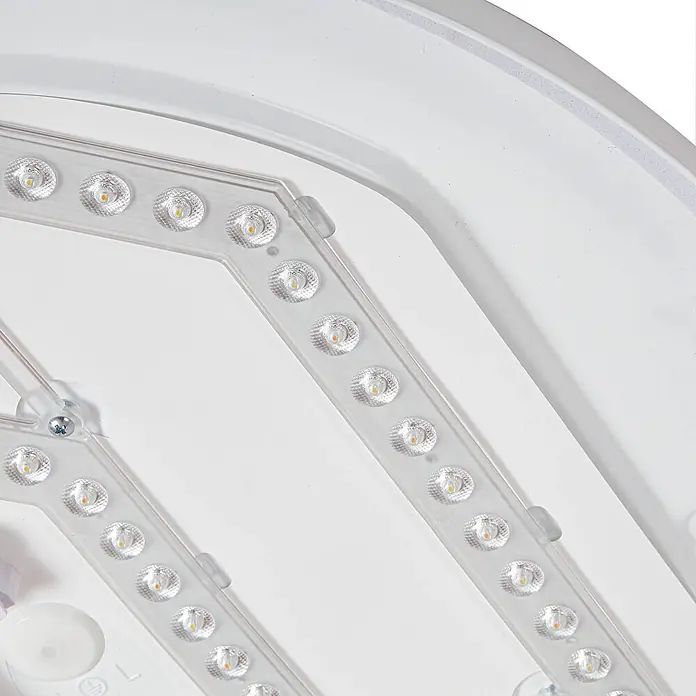 Prios Deckenleuchte Wynion - L x B x H: 50,5 x 50,5 x 8,74 cm, weiß / opal, weiß / opal - Klare LED-Lichtleisten mit sichtbaren Glühbirnen, geometrisch auf einem weißen Sockel angeordnet.