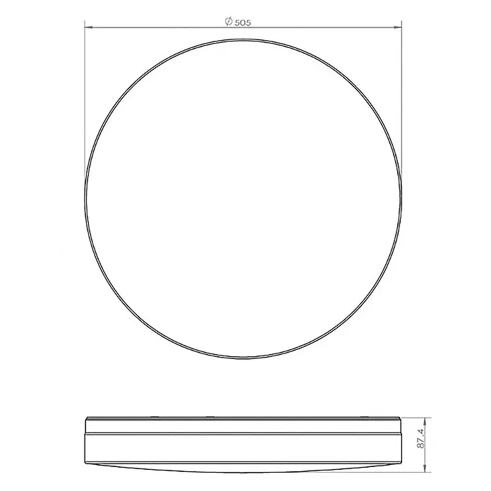 Prios Deckenleuchte Wynion - L x B x H: 50,5 x 50,5 x 8,74 cm, weiß / opal, weiß / opal - Technische Zeichnung einer runden Panel-Leuchte mit einem Durchmesser von 505 Einheiten und einer Höhe von 87,4 Einheiten.