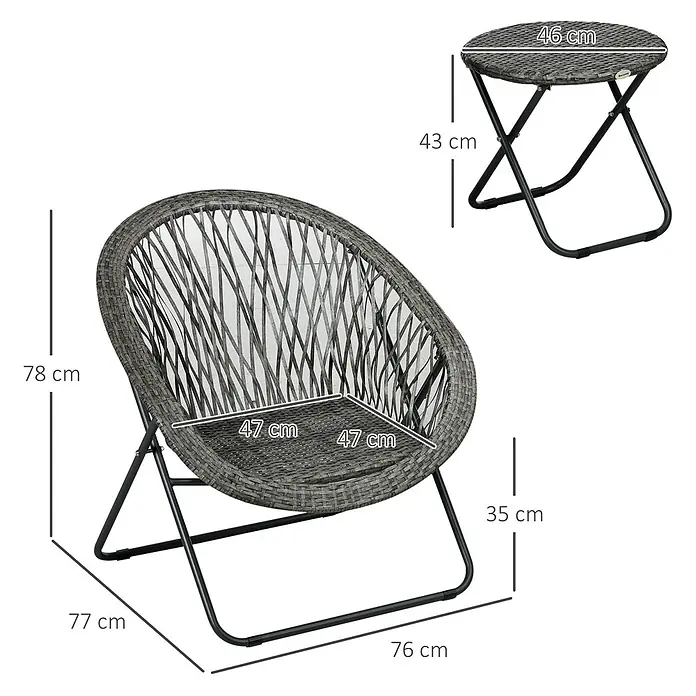 Outsunny Gartenstuhl-Set 3-teilig, mit Tisch -  - Grauer Klappstuhl im Rattan-Stil und passender Klapptisch mit schwarzen Metallrahmen.