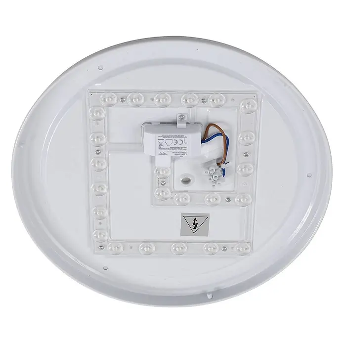 Lindby Außenwand- & Deckenleuchte Doki - weiß / opal, IP44 - Rückansicht einer weißen, runden LED-Deckenleuchte mit integriertem LED-Treiber und Verkabelung.