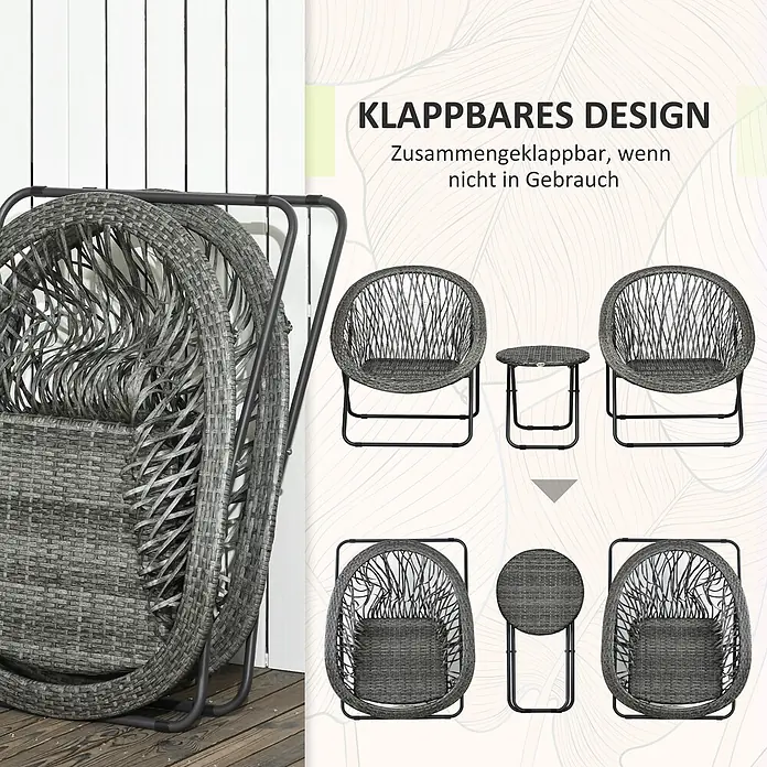 Outsunny Gartenstuhl-Set 3-teilig, mit Tisch -  - Graues Outdoor-Möbelset aus Korbgeflecht, das sein klappbares Design zur kompakten Aufbewahrung zeigt.