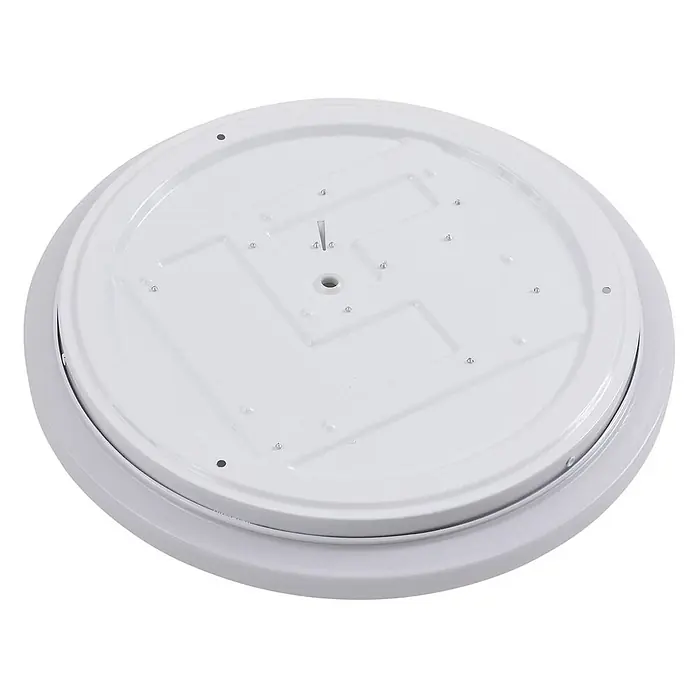 Lindby Außenwand- & Deckenleuchte Doki - weiß / opal, IP44 - Rückseite einer weißen, runden LED-Deckenleuchte mit Montageplatte und zentralem Stromanschluss.