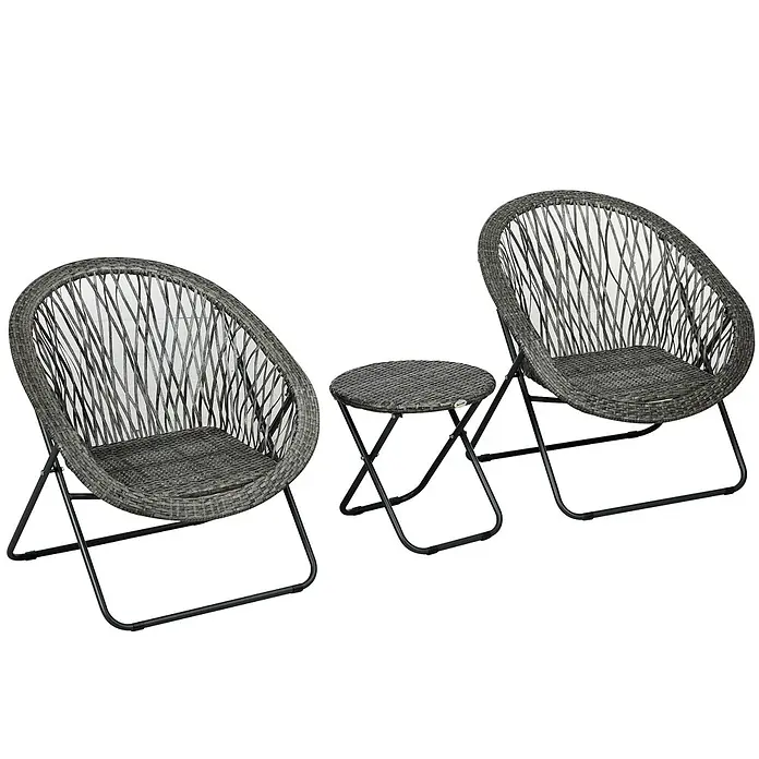 Outsunny Gartenstuhl-Set 3-teilig, mit Tisch -  - Grau geflochtenes klappbares Bistro-Set mit zwei Stühlen und einem runden Tisch.