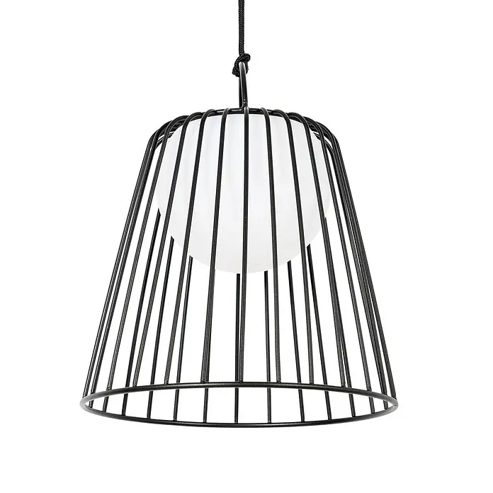Lindby Außenwand- & Deckenleuchte Levino - schwarz, IP44 - Schwarze Drahtkäfig-Pendelleuchte mit weißem Kugel-Diffusor.
