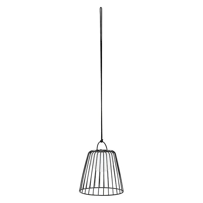Lindby Außenwand- & Deckenleuchte Levino - schwarz, IP44 - Schwarze Drahtkäfig-Pendelleuchte mit weißer Kugel-Lichtquelle, aufgehängt an einem schwarzen Kabel.