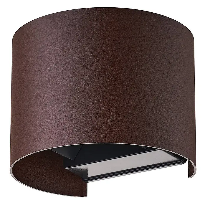 Lindby Außenwandleuchte Dara - braun / rost, IP54 - Dunkelbraune zylindrische Wandleuchte mit strukturierter Oberfläche und integriertem LED-Licht nach unten.