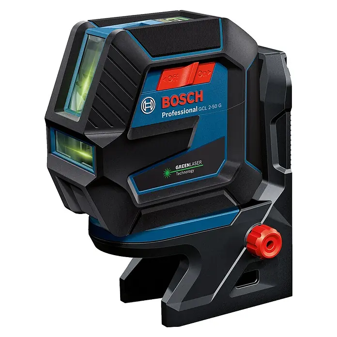 Bosch Professional Láser combinado GCL 2-50 - Zona de trabajo: 50 m (con receptor) - Nivel láser de líneas cruzadas profesional Bosch negro y azul, robusto, con láser verde y controles rojos.