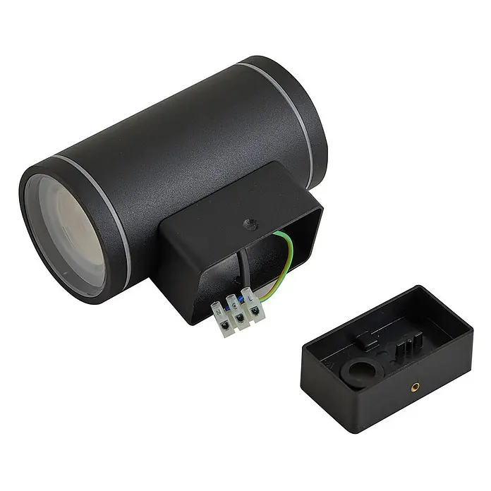 Lindby Außenwandleuchte Valtin - schwarz, schwarz, IP54 - Schwarze zylindrische Außenwandleuchte mit Klemmenblock und separater Montagebasis.