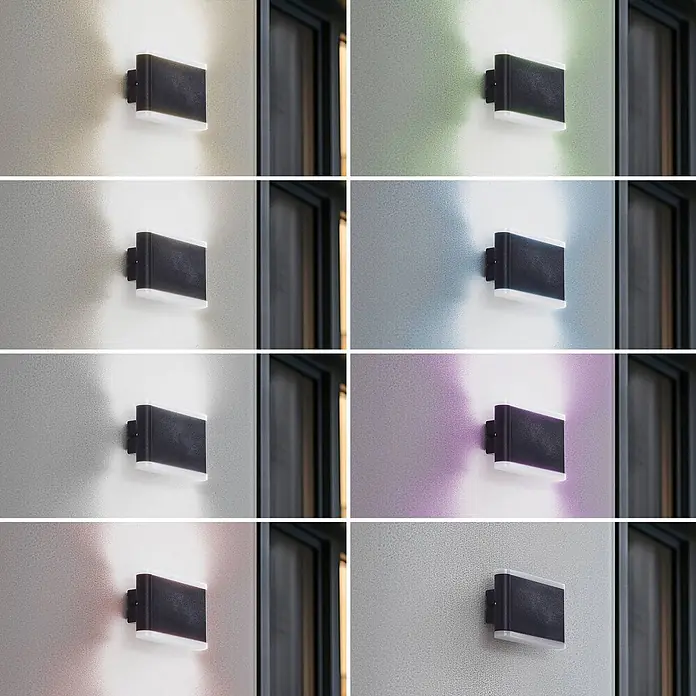 Lindby Außenwandleuchte Elvi - schwarz, IP54 - Schwarze quadratische Wandleuchte mit weißen Diffusoren, an Wand montiert, aus und in verschiedenen Farben nach oben und unten leuchtend.