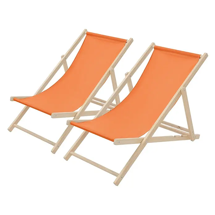 ECD Germany Garten-Liegestuhl 2er Set Sonnenliege Orange Klappliegestuhl Relaxliege - 2 Stk., Holz, Polyester, Orange, Braun - Zwei orangefarbene Liegestühle aus Stoff mit natürlichem Holzgestell.