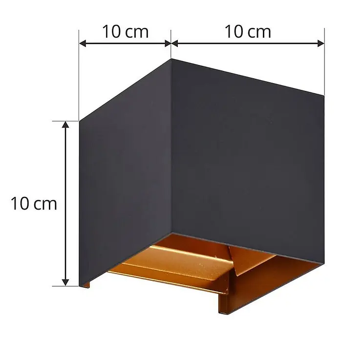 Lindby Außenwandleuchte Nivar - 10 x 10 x 10 cm, schwarz, IP54 - Dunkelgraue kubische Wandleuchte mit goldener Innenseite, 10x10x10 cm.
