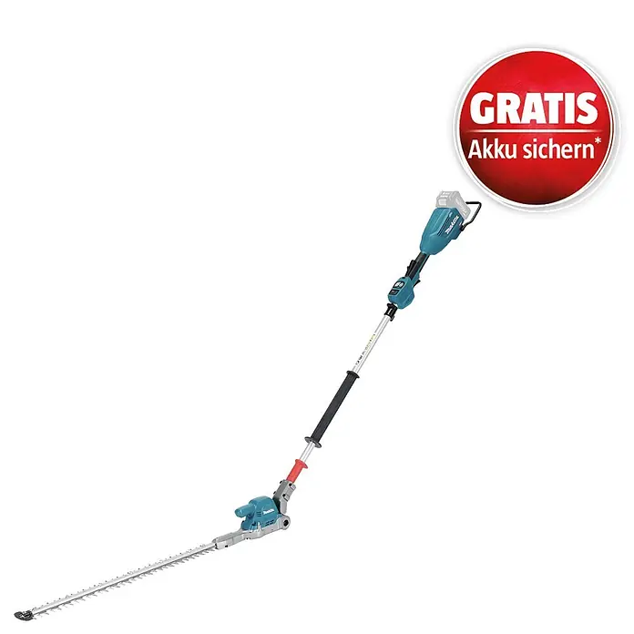 Makita XGT 40V max. Akku-Heckenschere UN001G - 40 V, Li-Ionen, Ohne Akku, Schnittlänge: 600 mm - Teal-schwarze Makita Teleskop-Heckenschere mit silbernen Klingen und rotem Sticker "GRATIS Akku sichern*".