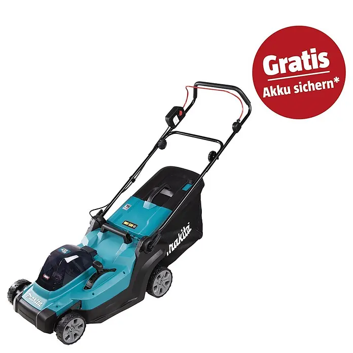 Makita XGT 40V max. Akku-Rasenmäher LM004GZ - 40 V, Ohne Akku, 8 Ah, Schnittbreite: 43 mm - Türkis-schwarzer Akku-Rasenmäher mit großem Grasfangkorb und ergonomischem Griff.