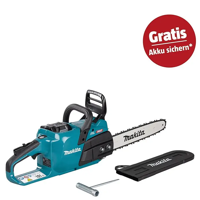 Makita XGT 40V max. Akku-Kettensäge UC025GZ - 40 V, Li-Ionen, Ohne Akku, Schwertlänge: 350 mm - Makita hellblaue und schwarze Akku-Kettensäge mit Schraubenschlüssel und schwarzer Schwertabdeckung.
