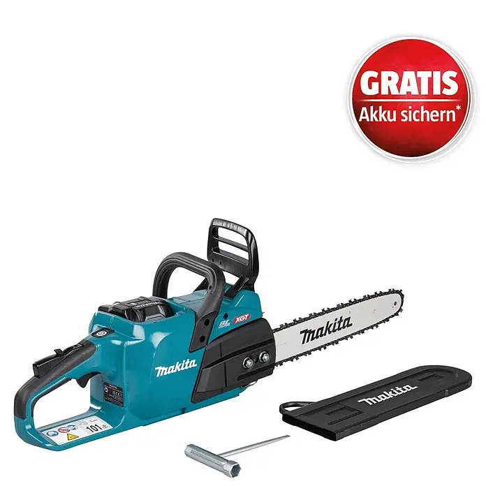 Makita XGT 40V max. Akku-Kettensäge UC025GZ - 40 V, Li-Ionen, Ohne Akku, Schwertlänge: 350 mm - Makita hellblaue und schwarze Akku-Kettensäge mit Schraubenschlüssel und schwarzer Schwertabdeckung.