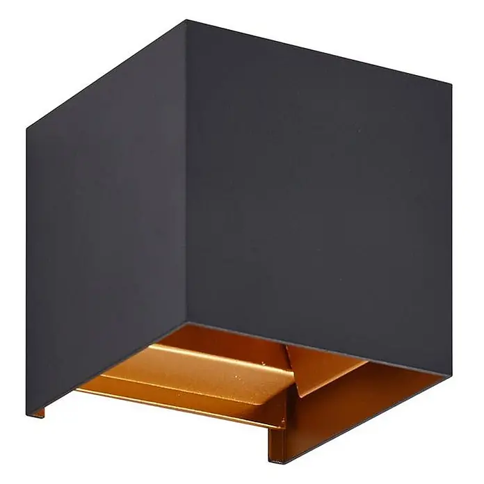 Lindby Außenwandleuchte Nivar - 10 x 10 x 10 cm, schwarz, IP54 - Dunkelgraue kubische Wandleuchte mit goldener Innenseite, für gerichtetes Licht nach unten.