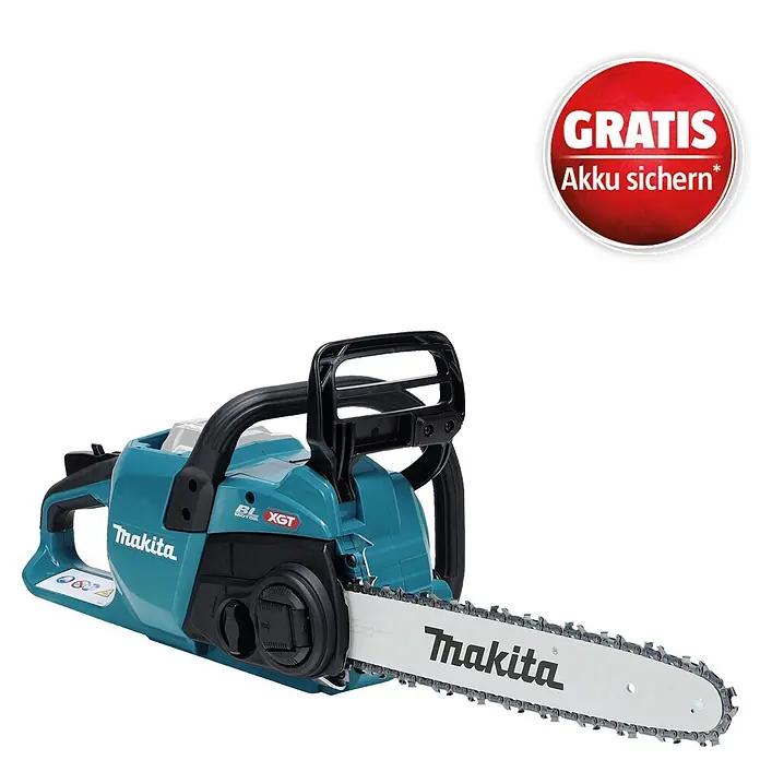 Makita XGT 40V max. Akku-Kettensäge UC022GZ - 40 V, Li-Ionen, Ohne Akku, Schwertlänge: 350 mm - Makita Kettensäge in Türkis und Schwarz. Roter Aufkleber mit der Aufschrift „GRATIS Akku sichern*“.