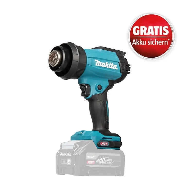 Makita XGT 40V max. Akku-Heißluftgebläse HG001G - 40 V, Ohne Akku, Temperaturbereich: 0 °C - 600 °C - Makita XGT 40Vmax Akku-Heißluftpistole in Türkis und Schwarz, mit rotem Gratis-Akku-Sticker.