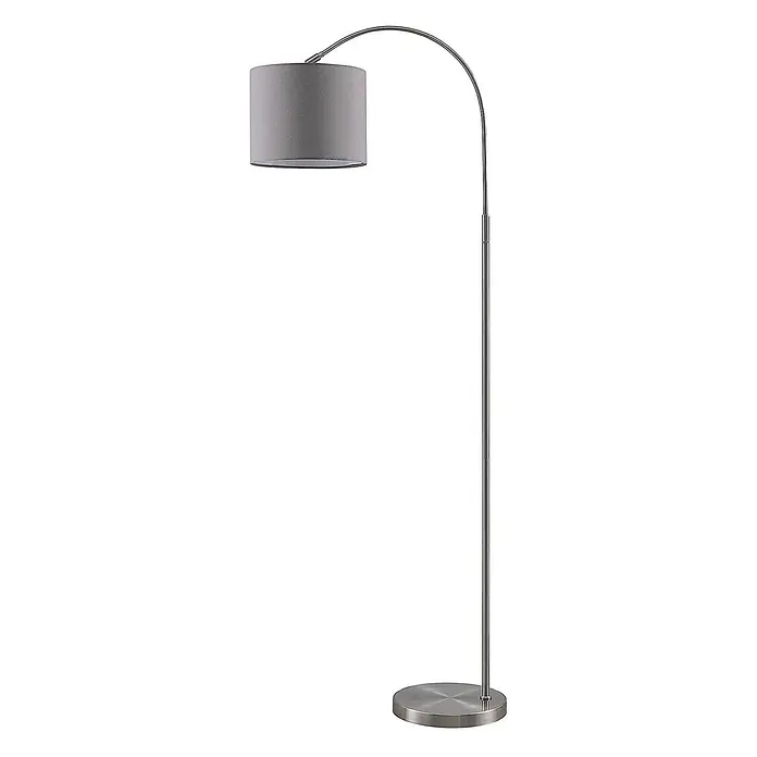 Lindby Stehleuchte Keriba - Höhe: 150,2 cm, alu / grau / zink, alu / grau / zink, E27 - Moderne Bogen-Stehleuchte mit gebürstetem Metallgestell und grauem Stoff-Trommelschirm.