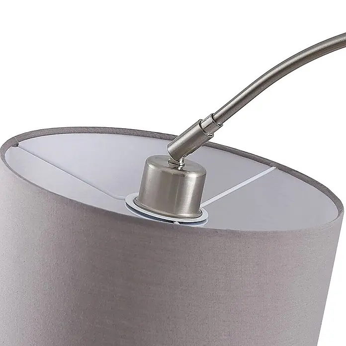 Lindby Stehleuchte Keriba - Höhe: 150,2 cm, alu / grau / zink, alu / grau / zink, E27 - Grauer Stofflampenschirm mit gebürstetem Metallarm und Halterung von oben befestigt.