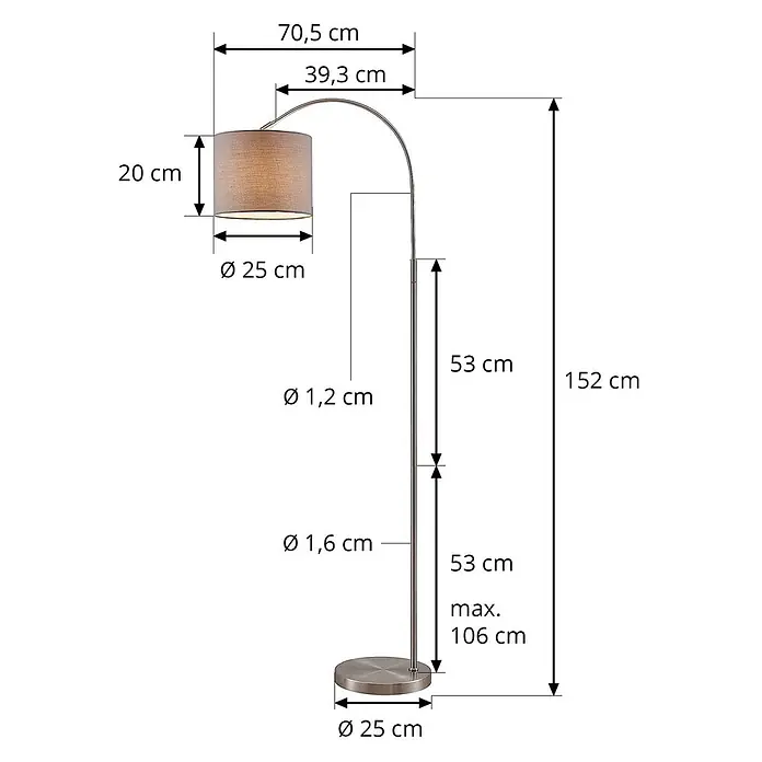 Lindby Stehleuchte Keriba - Höhe: 150,2 cm, alu / grau / zink, alu / grau / zink, E27 - Stehleuchte aus Metall mit Bogenarm und zylindrischem Stoffschirm, detailliert bemaßt.