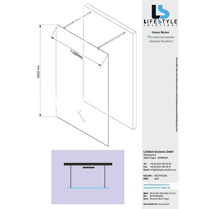 Glaszentrum Hagen Duschwand Eva 118x200 cm 10mm Duschwand Satin-M - B x H: 118 x 200 cm, Eloxiert, Weiß - Technische Zeichnung einer transparenten Glasduschabtrennung, 2000x1180mm.