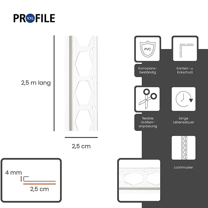 ProfileXXL Kantenschutz für Trockenbau 2,5m Abschlussprofil 25 x 4mm Putzschiene PVC Weiß - Weiß - Weißes PVC-Profil mit Lochmuster: 2,5 m lang, 2,5 cm breit, 4 mm dick. Bietet korrosionsbeständigen Kantenschutz und flexible Größenanpassung.