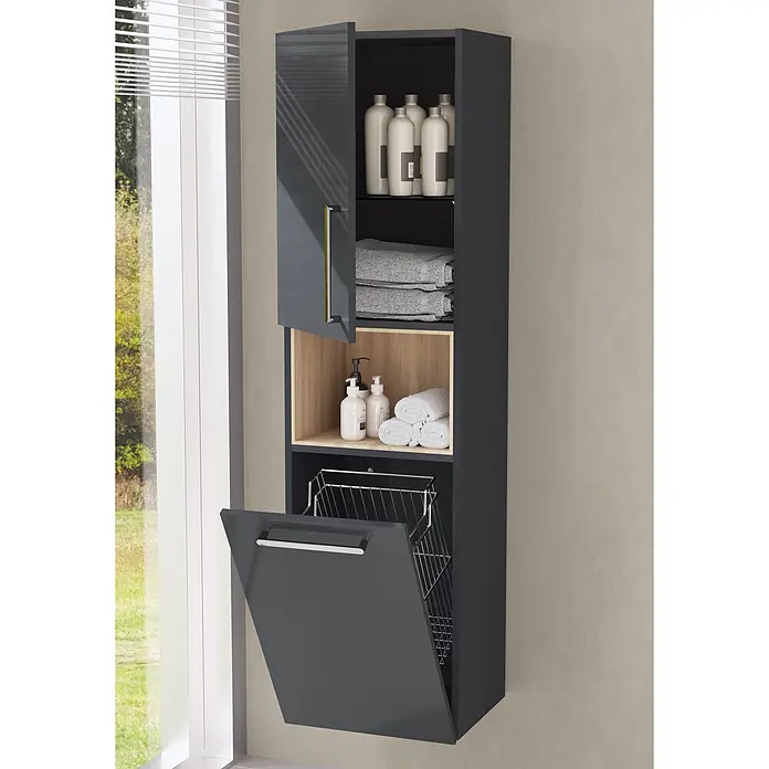 VitrA Hochschrank Root Flat - B x T x H: 42 x 36 x 155 cm, Anthrazit, DIN Anschlag: Links - Hoher, dunkelgrauer Badschrank mit Kippwäschekorb, Holzdetails und Ablagefächern.