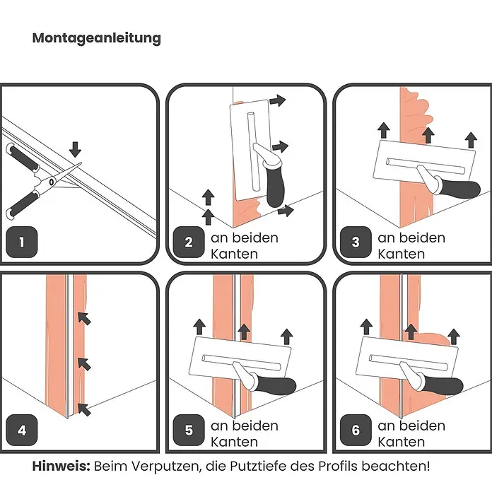 ProfileXXL Kantenschutz für Trockenbau 2,5m Abschlussprofil 25 x 4mm Putzschiene PVC Weiß - Weiß - Montageanleitung für ein Verputzprofil, zeigt Schritte wie Zuschneiden und Auftragen von Putz auf beide Kanten mit einer Kelle, unter Berücksichtigung der Putztiefe.