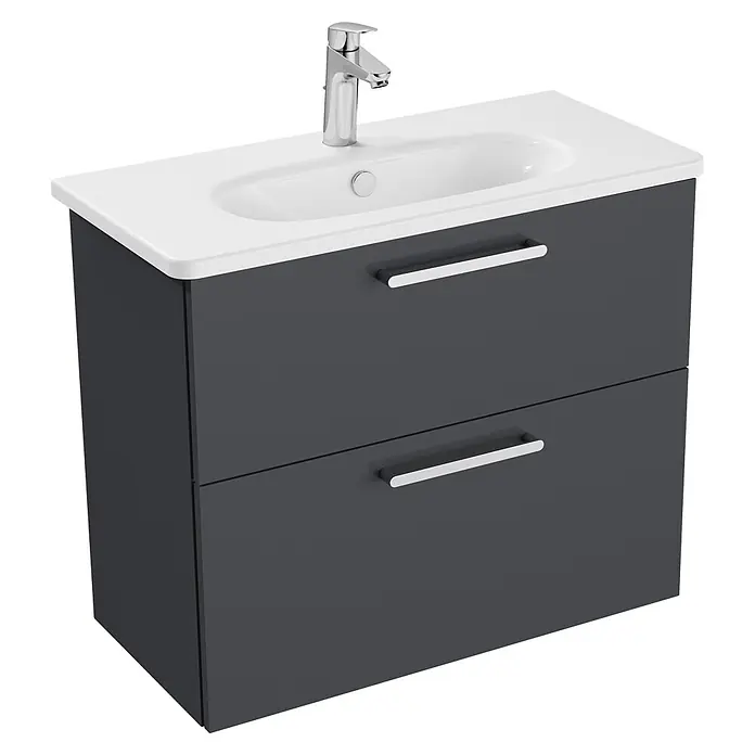 VitrA Root Flat Compact Badmöbel-Set Compact - B x T x H: 80 x 37 x 65 cm, Anthrazit, Hochglänzend - Dunkelgrauer Badunterschrank mit zwei Schubladen, integriertem weißem Keramikwaschbecken und Chromarmatur.