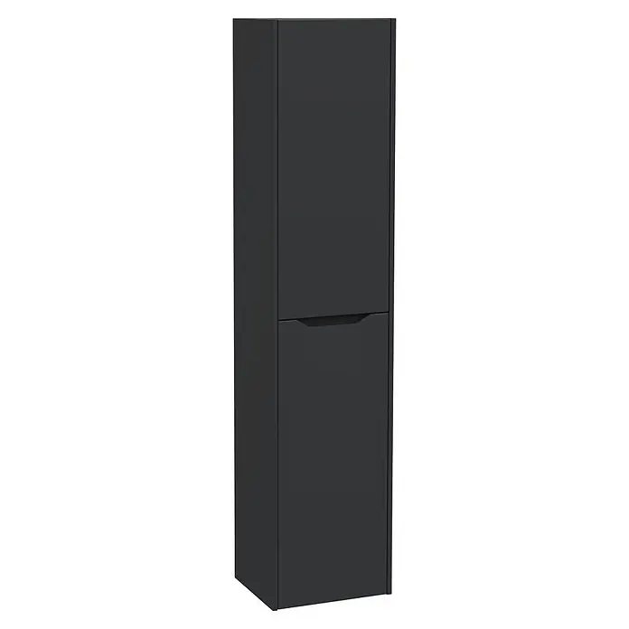 VitrA Integra Square Hochschrank - B x T x H: 40 x 37 x 180 cm, Graphit, Inklusive 4 Glaseinlegeböden, DIN Anschlag: Links - Hoher, dunkelgrauer Stauraumschrank mit zwei Türen, die untere mit integriertem Griff.