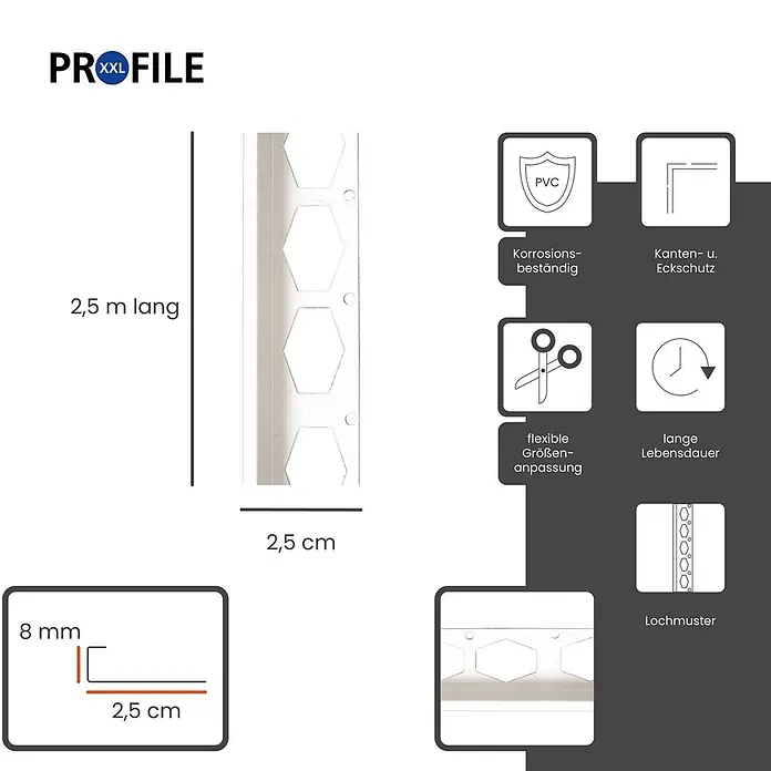 ProfileXXL Kantenschutz für Trockenbau 2,5m Abschlussprofil 25 x 8mm Putzschiene PVC Weiß - Weiß - Weißes PVC-Fliesenprofil, 2,5 m lang, mit sechseckigen Lochungen für Kantenschutz.