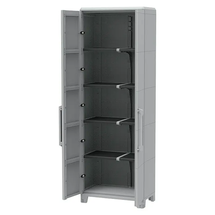 Terry Transforming Armario multiusos de plástico  Modular 5 + Modular 2 - 2 piezas - Armario de plástico gris con puerta abierta y múltiples estantes para guardar diversos objetos.